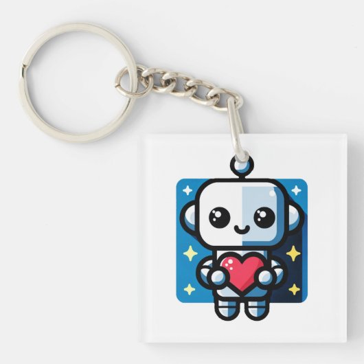 可愛いロボット保持ハート – 愛と技術 キーホルダー (正面)