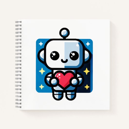 可愛いロボット保持ハート – 愛と技術 ノートブック (正面)