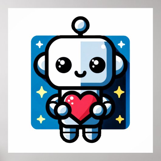 可愛いロボット保持ハート – 愛と技術 ポスター (正面)
