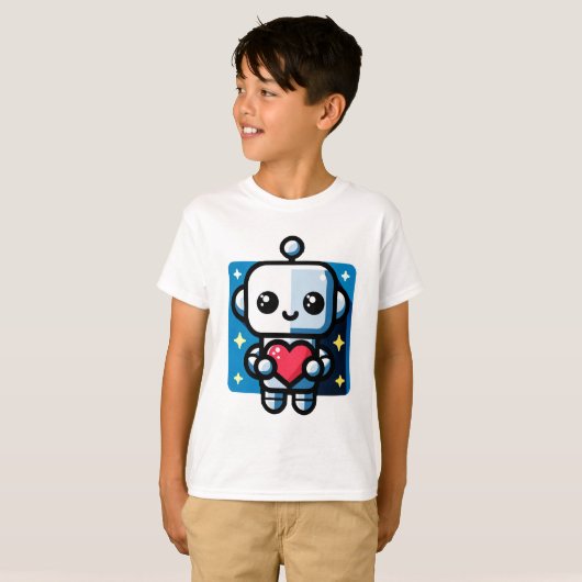 可愛いロボット保持ハート – 愛と技術 Tシャツ (正面フル)