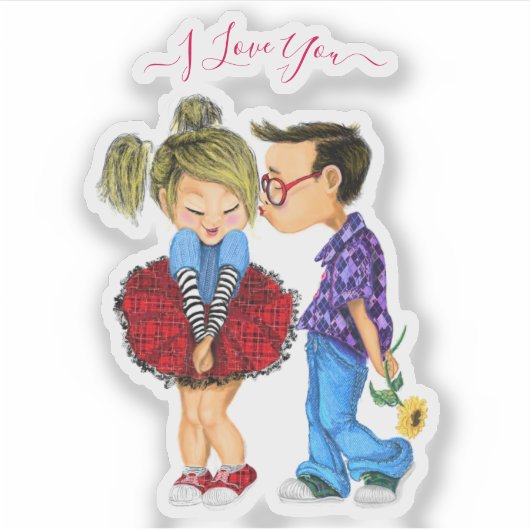 可愛いロマンチックなカップルのシールと文字 – 愛してる シール (正面)