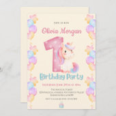 可愛いロマンチックなユニコーン1歳の招待状 招待状 (正面/裏面)