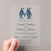 可愛いロマンティックなカップルのペンギンの結婚式の招待状 アクリル招待状 (インサイチュ (ポータブル))