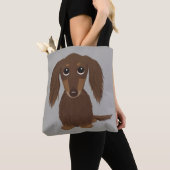 可愛いロングヘアチョコレートブラウンダッシュンドッグ トートバッグ (クローズアップ)