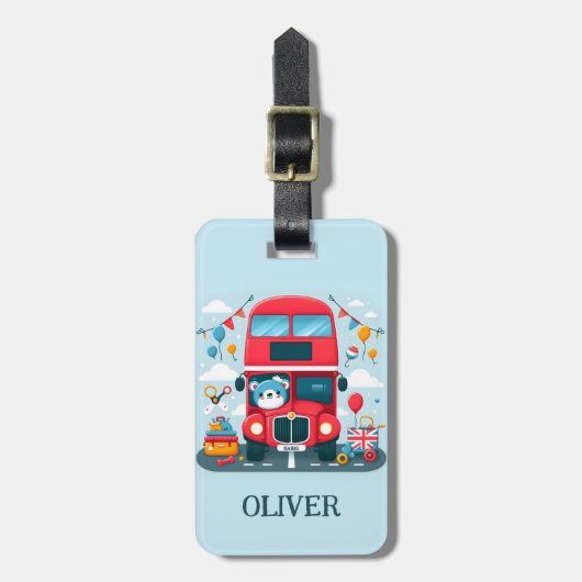 可愛いロンドンダブルデッキバスとテディベア ラゲッジタグ (正面縦)