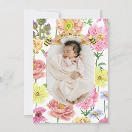 可愛いワイルドフラワーとビー赤ちゃんシャワーサンキューカード サンキューカード (裏面)