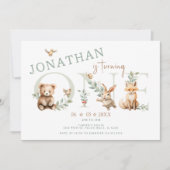 可愛いワイルドワンウッドランド動物1stバースデーボーイ 招待状 (正面)