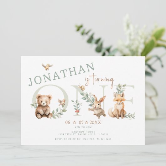 可愛いワイルドワンウッドランド動物1stバースデーボーイ 招待状 (スタンド正面)