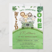 可愛いワイルドワンサファリアニマルジャングル1歳の誕生日 招待状 (正面)