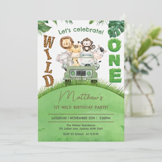 可愛いワイルドワンサファリアニマルジャングル1歳の誕生日 招待状 (スタンド正面)
