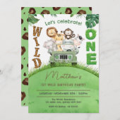 可愛いワイルドワンサファリアニマルジャングル1歳の誕生日 招待状 (正面/裏面)