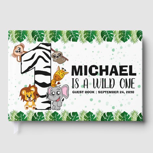 可愛いワイルドワンサファリジャングル動物1歳の誕生日 ゲストブック (正面)
