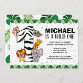 可愛いワイルドワンサファリジャングル動物1歳の誕生日 招待状 (正面/裏面)