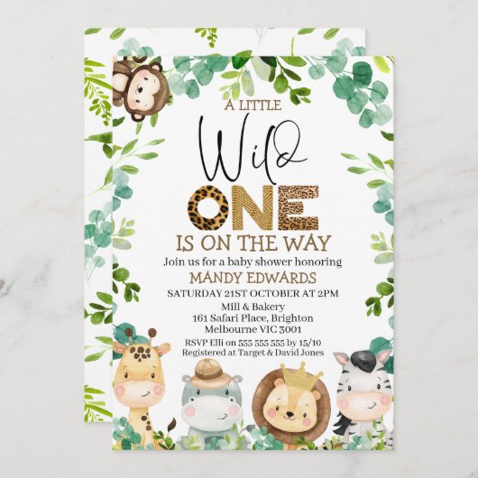可愛いワイルドワンサファリ動物の赤ちゃんシャワー 招待状 (正面/裏面)