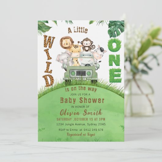 可愛いワイルドワンサファリ動物ジャングルベビーシャワー 招待状 (スタンド正面)