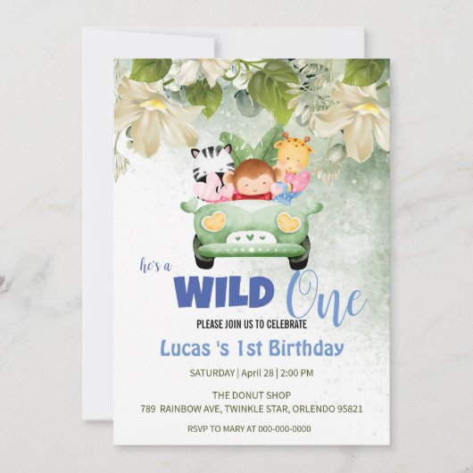 可愛いワイルドワンサファリ動物ラブカー1st誕生日 招待状 (正面)