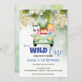 可愛いワイルドワンサファリ動物ラブカー1st誕生日 招待状 (正面/裏面)