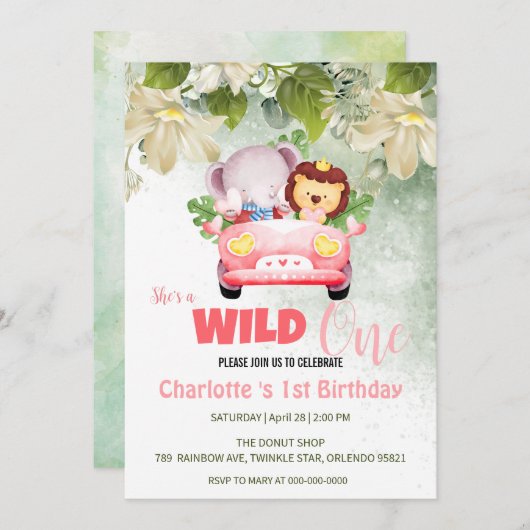 可愛いワイルドワンサファリ動物ラブカー1st誕生日 招待状 (正面/裏面)