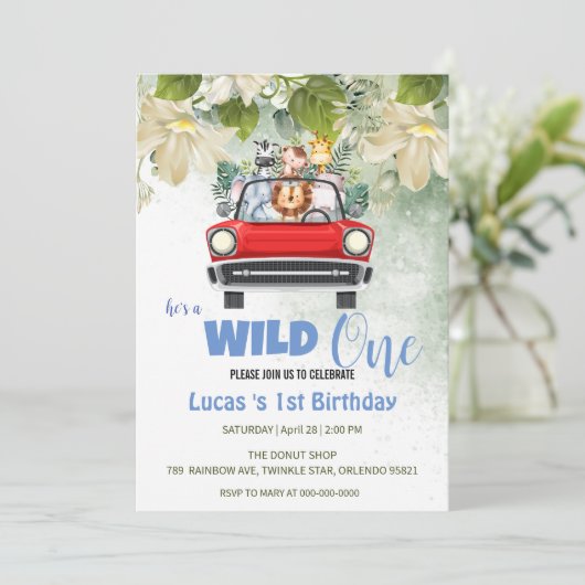 可愛いワイルドワンサファリ動物ラブカー1st誕生日 招待状 (スタンド正面)
