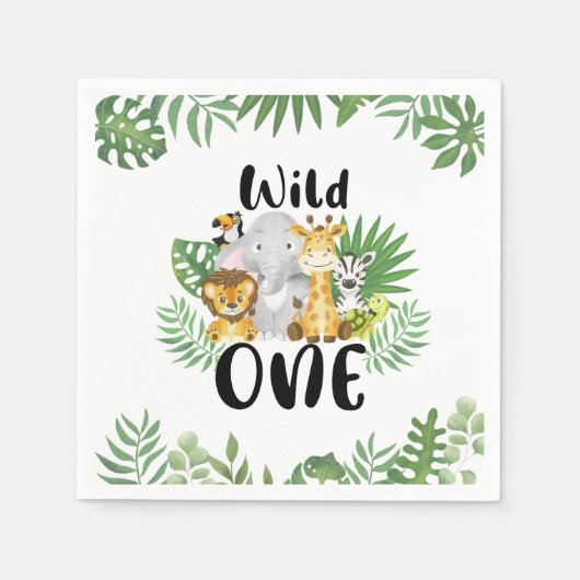 可愛いワイルドワンサファリ動物1歳の誕生日 スタンダードカクテルナプキン (正面)
