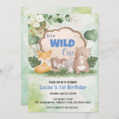 可愛いワイルドワンジャングルアニマル1歳パーティー 招待状 (正面/裏面)