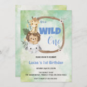 可愛いワイルドワンジャングルアニマル1歳パーティー 招待状 (正面/裏面)