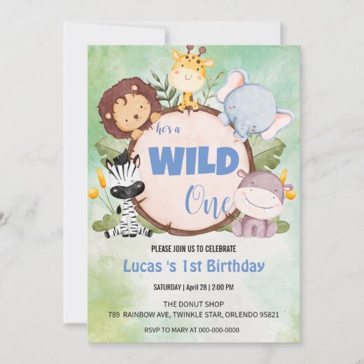 可愛いワイルドワンジャングルアニマル1歳パーティー 招待状 (正面)