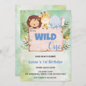 可愛いワイルドワンジャングルアニマル1歳パーティー 招待状 (正面/裏面)