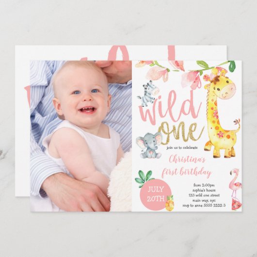 可愛いワイルドワンジャングルガールファースト誕生日写真 招待状 (正面/裏面)