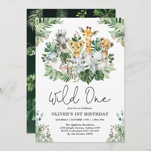 可愛いワイルドワン1歳の誕生日ジャングルサファリ動物 招待状 (正面/裏面)