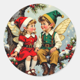 可愛いヴィンテージのエルフの妖精の子供たち クリスマス ラウンドシール