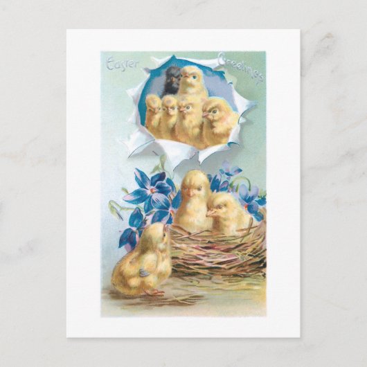 可愛いヴィンテージの雛、花と復活祭の挨拶 ポストカード (正面)