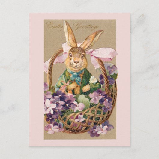 可愛いヴィンテージイースターバニーとバスケットとヴィオレット ポストカード (正面)