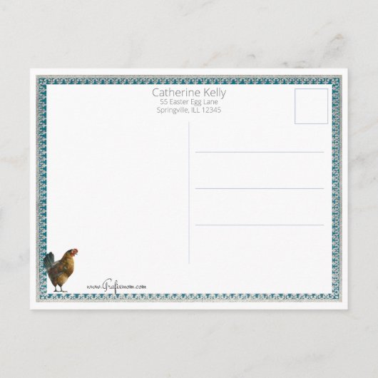 可愛いヴィンテージイースターヘン、ルースター&ガール ポストカード (裏面)