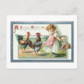 可愛いヴィンテージイースターヘン、ルースター&ガール ポストカード (正面)