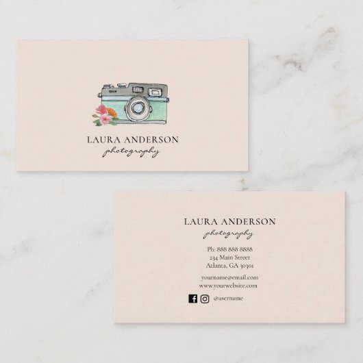 可愛いヴィンテージウォーターカラーカメラ名刺 名刺 (正面/裏面)