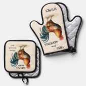 可愛いヴィンテージカントリーロースター祖母 鍋つかみ&鍋敷きセット (正面/裏面)