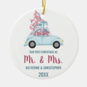 可愛いヴィンテージカー初めてのクリスマスさんそしてミセス セラミックオーナメント (正面)