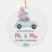 可愛いヴィンテージカー初めてのクリスマスさんそしてミセス セラミックオーナメント (裏面)