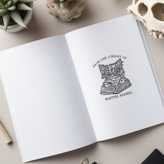 可愛いヴィンテージキャットライブラリー蔵書票 ラバースタンプ