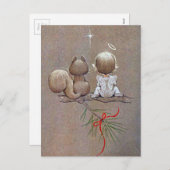 可愛いヴィンテージクリスマスエンジェルとリス シーズンポストカード (正面/裏面)