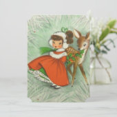 可愛いヴィンテージクリスマスガールとベビー鹿 サンキューカード (スタンド正面)