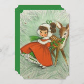 可愛いヴィンテージクリスマスガールとベビー鹿 サンキューカード (正面/裏面)