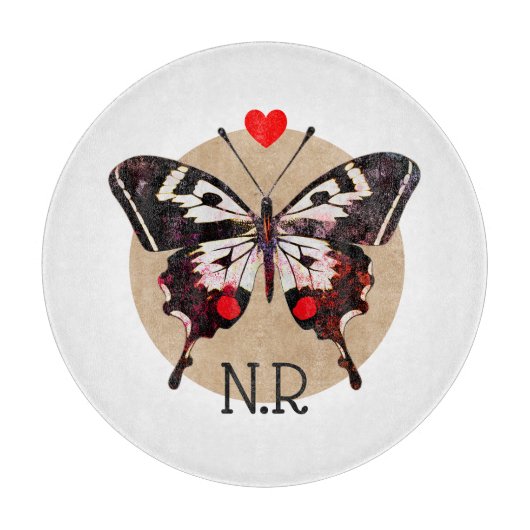 可愛いヴィンテージグランジバタフライ&ハートモノグラムの カッティングボード (正面)