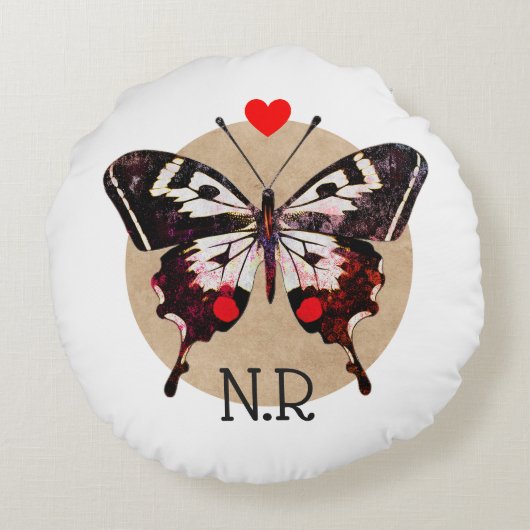 可愛いヴィンテージグランジバタフライ&ハートモノグラムの ラウンドクッション (裏面)