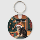 可愛いヴィンテージタビー猫クリスマスカード キーホルダー (正面)