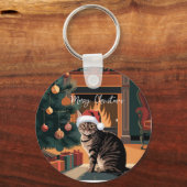 可愛いヴィンテージタビー猫クリスマスカード キーホルダー (正面)