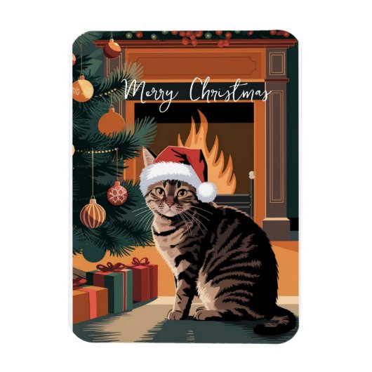 可愛いヴィンテージタビー猫クリスマスカード マグネット (縦)