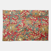 可愛いヴィンテージティール（緑がかった色）赤インディアンフローラルパターン キッチンタオル (横)