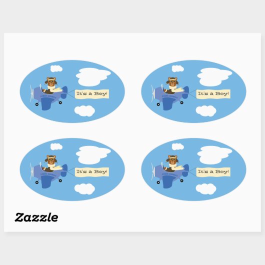 可愛いヴィンテージテディベアパイロット男の子シール 楕円形シール (シート)